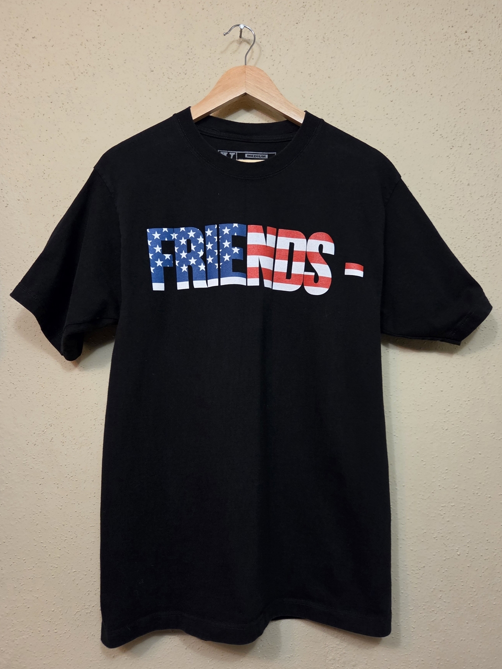 VLONE Black Tee with American Flag 'FRIENDS' Graphic